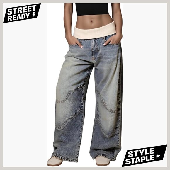Denim - Wide Leg Barrel Jeans High Waisted Stretchy Denim Patchwork Cargo Pants